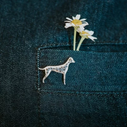 Dalmatian Dog Pin, handmade with Sustainable Silver, Model Shot
