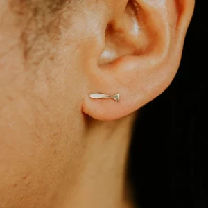 Fish Stud, handmade with Sustainable Silver, Model Shot