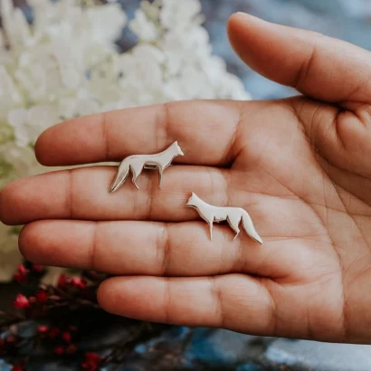 Fox Cufflinks, handmade with Sustainable Silver, Hand Shot