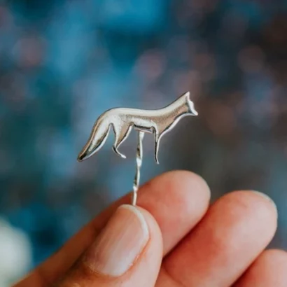 Fox Pin, handmade with Sustainable Silver, Hand Shot