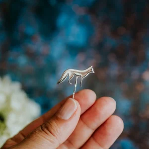 Fox Pin, handmade with Sustainable Silver, Hand Shot Zoom