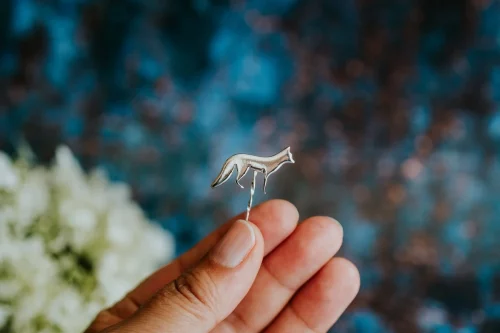 Fox Pin, handmade with Sustainable Silver, Hand Shot Zoom