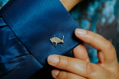 Hare Cufflinks, handmade with Sustainable Silver, Model Shot