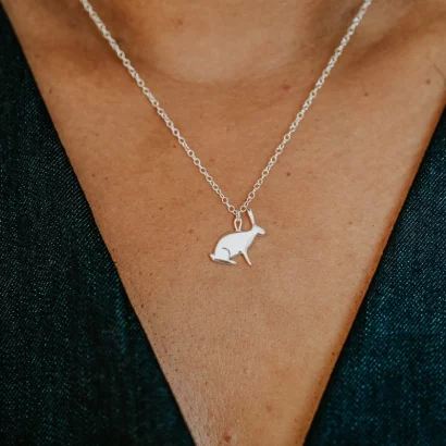 Hare Necklace, handmade with Sustainable Silver, Model Shot