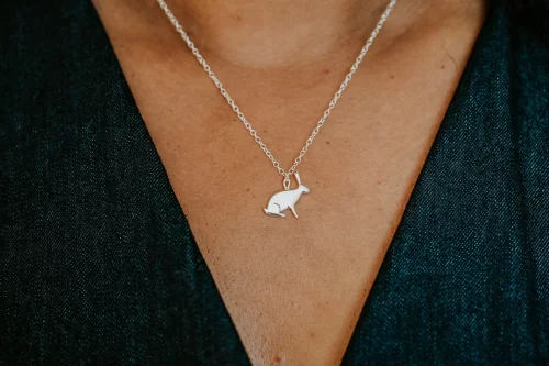 Hare Necklace, handmade with Sustainable Silver, Model Shot