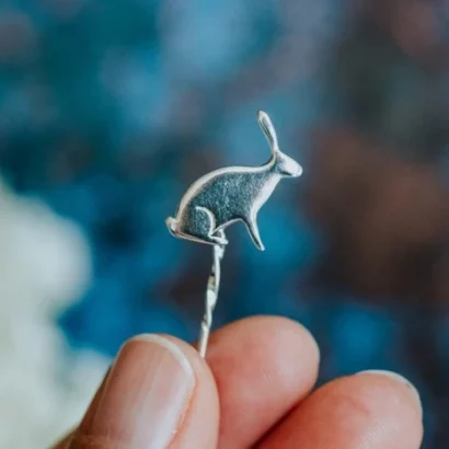 Hare Pin, handmade with Sustainable Silver, Hand Shot