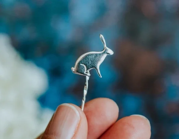Hare Pin, handmade with Sustainable Silver, Hand Shot