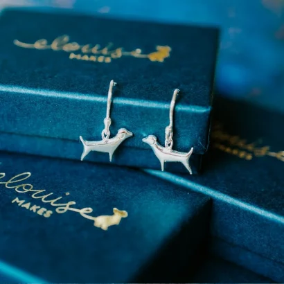 Jack Russell Dog Earrings, handmade with Sustainable Silver, Box Shot