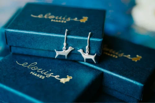Jack Russell Dog Earrings, handmade with Sustainable Silver, Box Shot