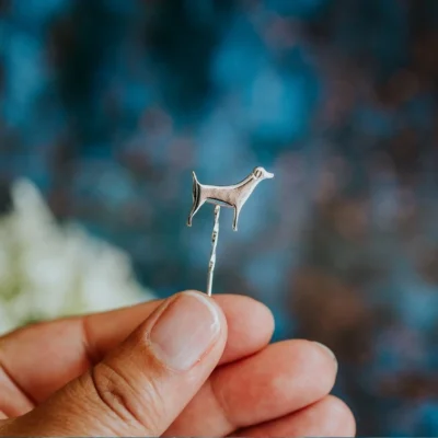 Jack Russell Dog Pin, handmade with Sustainable Silver, Hand Shot Zoom