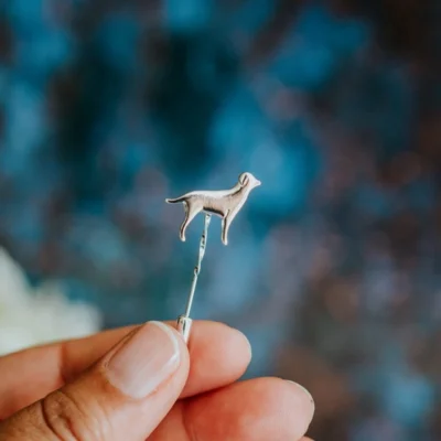 Labrador Dog Pin, handmade with Sustainable Silver, Hand Shot Zoom