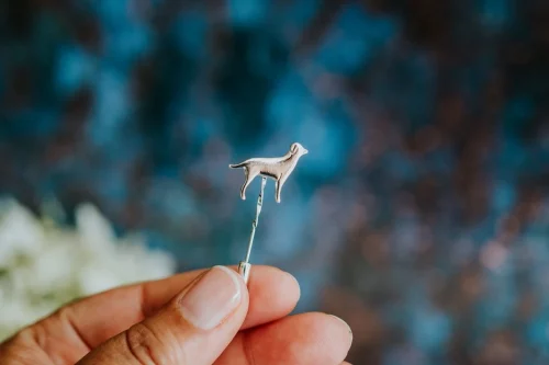 Labrador Dog Pin, handmade with Sustainable Silver, Hand Shot Zoom