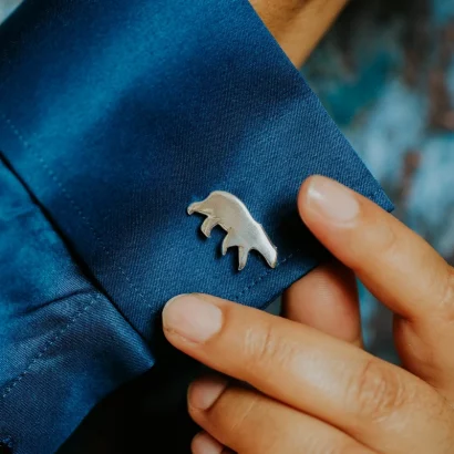 Polar Bear Cufflinks, handmade with Sustainable Silver, Model Shot