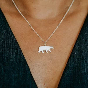 Polar Bear Necklace, handmade with Sustainable Silver, Model Shot