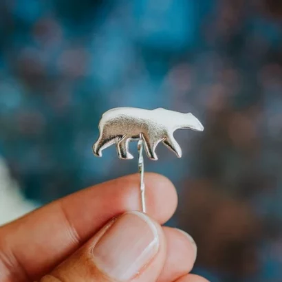 Polar Bear Pin, handmade with Sustainable Silver, Hand Shot