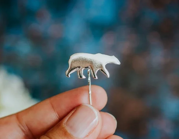 Polar Bear Pin, handmade with Sustainable Silver, Hand Shot
