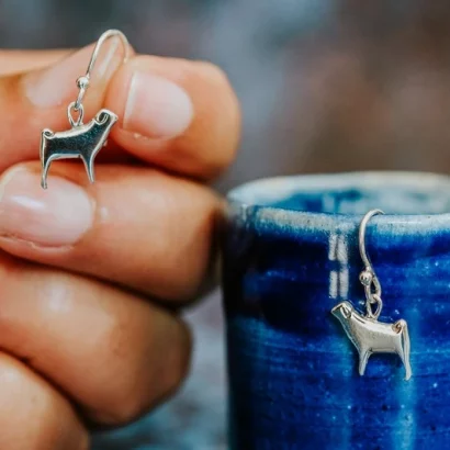 Pug Dog Earrings, handmade with Sustainable Silver, Hand Shot