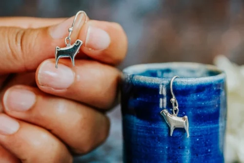 Pug Dog Earrings, handmade with Sustainable Silver, Hand Shot