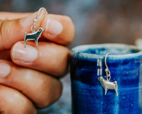 Pug Dog Earrings, handmade with Sustainable Silver, Hand Shot