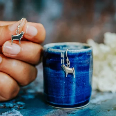 Pug Dog Earrings, handmade with Sustainable Silver, Hand Shot Zoom