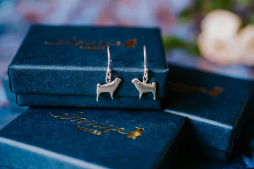 Pug Dog Earrings, handmade with Sustainable Silver, Box Shot