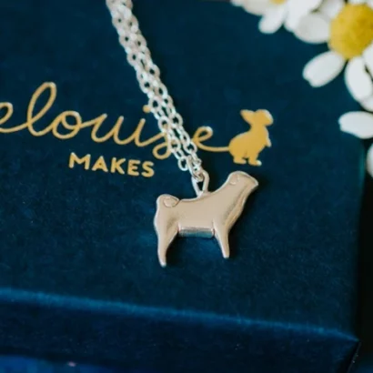Pug Dog Necklace, handmade with Sustainable Silver, Box Shot