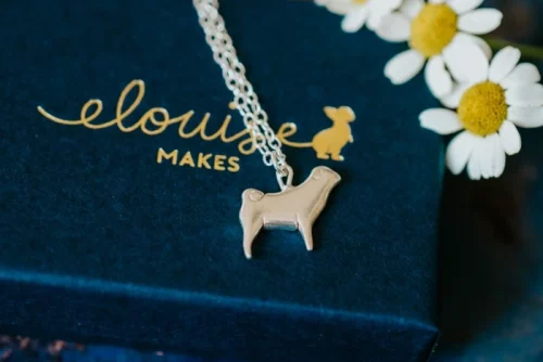 Pug Dog Necklace, handmade with Sustainable Silver, Box Shot