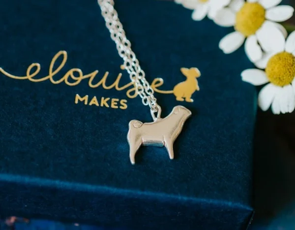 Pug Dog Necklace, handmade with Sustainable Silver, Box Shot