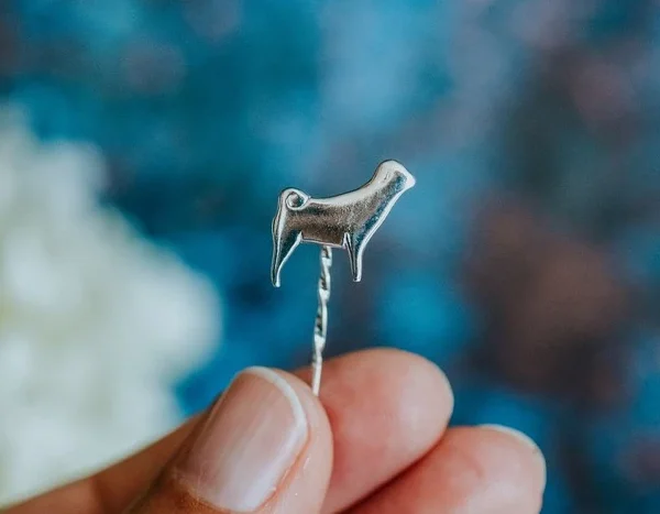 Pug Dog Pin, handmade with Sustainable Silver, Hand Shot