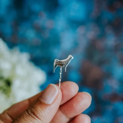 Pug Dog Pin, handmade with Sustainable Silver, Hand Shot Zoom