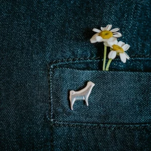 Pug Dog Pin, handmade with Sustainable Silver, Model Shot