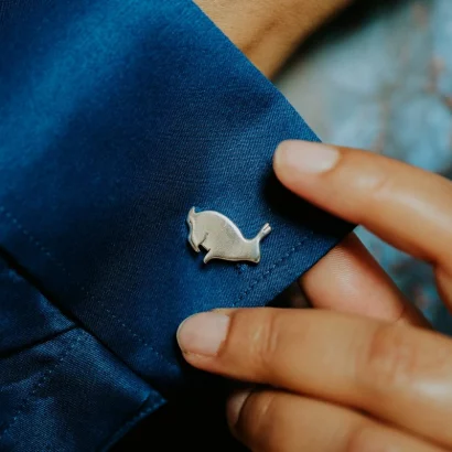 Rabbit Cufflinks, handmade with Sustainable Silver, Model Shot