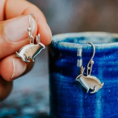 Rabbit Earrings, handmade with Sustainable Silver, Hand Shot