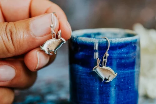 Rabbit Earrings, handmade with Sustainable Silver, Hand Shot