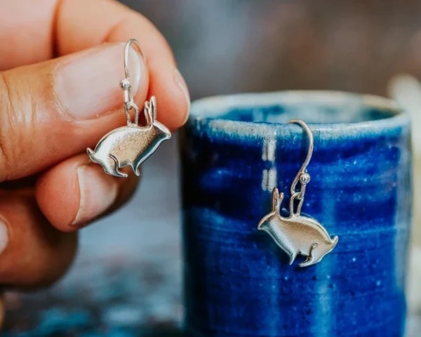 Rabbit Earrings, handmade with Sustainable Silver, Hand Shot