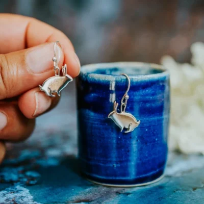 Rabbit Earrings, handmade with Sustainable Silver, Hand Shot Zoom