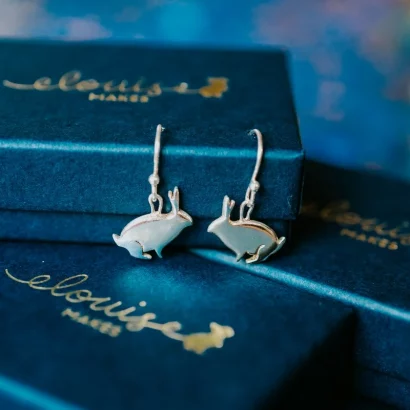 Rabbit Earrings, handmade with Sustainable Silver, Box Shot