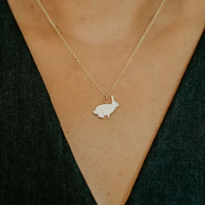 Rabbit Necklace, handmade with Sustainable Silver, Model Shot