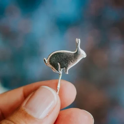 Rabbit Pin, handmade with Sustainable Silver, Hand Shot