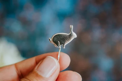 Rabbit Pin, handmade with Sustainable Silver, Hand Shot