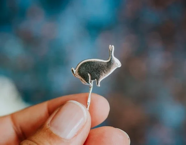 Rabbit Pin, handmade with Sustainable Silver, Hand Shot