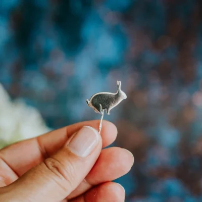 Rabbit Pin, handmade with Sustainable Silver, Hand Shot Zoom
