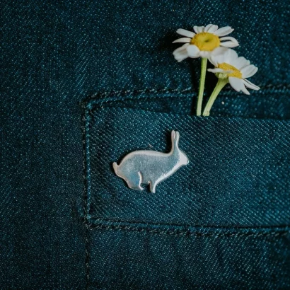 Rabbit Pin, handmade with Sustainable Silver, Model Shot
