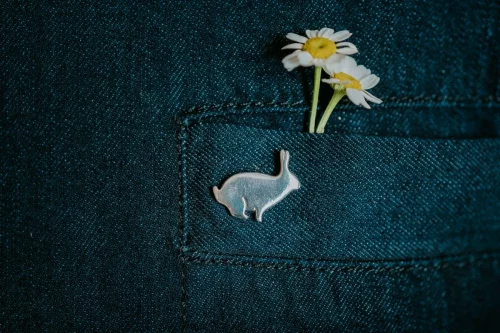 Rabbit Pin, handmade with Sustainable Silver, Model Shot