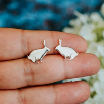 Rabbit Studs, handmade with Sustainable Silver, Hand Shot