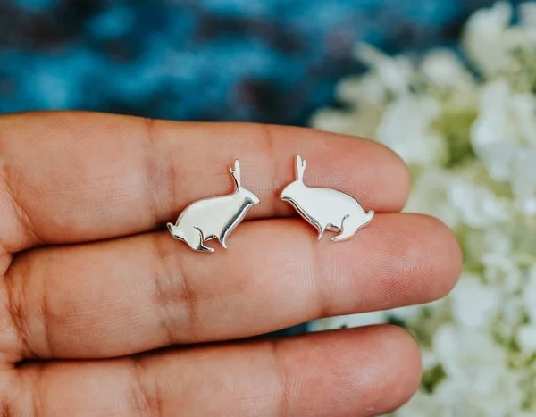 Rabbit Studs, handmade with Sustainable Silver, Hand Shot