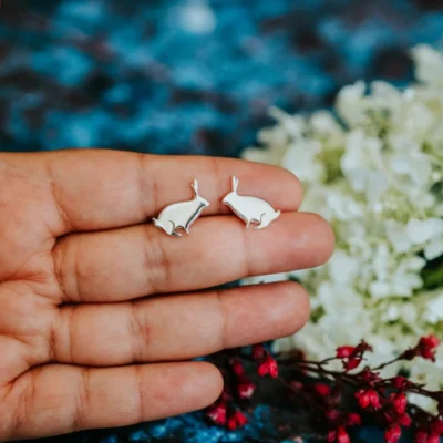 Rabbit Studs, handmade with Sustainable Silver, Hand Shot Zoom