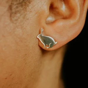 Rabbit Studs, handmade with Sustainable Silver, Model Shot