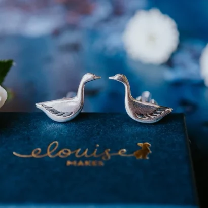 Snow Goose Cufflinks, handmade with Sustainable Silver, Box Shot