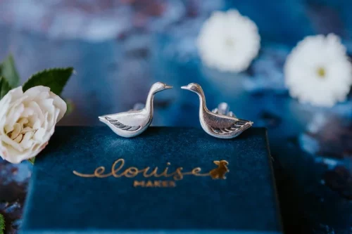 Snow Goose Cufflinks, handmade with Sustainable Silver, Box Shot